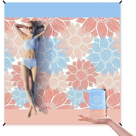 ZQYMM Sanddichte Stranddecke, Picknickdecke, sandfreie, wasserdichte Strandmatte, für 2–6 Erwachsene, leichte, schnelltrocknende Polyester-Outdoordecke, (Himmelblau + Rosa, 210x200cm (1-6person))