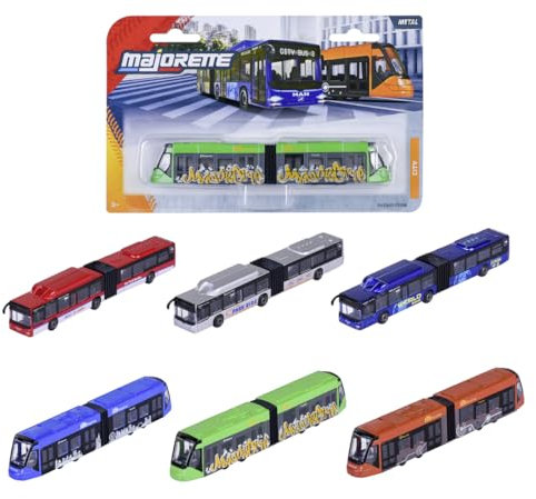 Majorette MAN City Bus oder Avenio Tram (1 Modellauto) - Spielzeugbus oder Straßenbahn aus Metall mit Freilauf, zufällige Auswahl aus 6 Modell-Fahrzeugen für Kinder ab 3 Jahre, je ca. 20 cm
