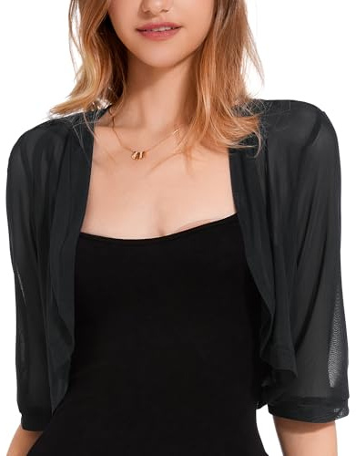 Atxnn Women's Bolero Shrug UK 3/4 Sleeve Cropped Cardigan Summer Lightweight Jacket for Dresses Ladies Soft Open Front Shrugs Shawl, Black M