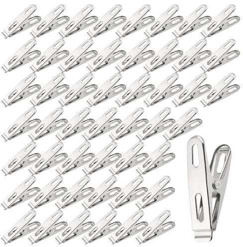 HLIWS Non-Slip Clothes Pins-50 pcs Quilt Clothespins, Beach Silver Towel Pegs, Clamps Stainless Steel, Wind Resistant, for Clothing and Washing(5 * 1.2cm)