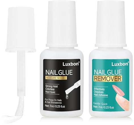Luxbon Colle et Dissolvant pour Ongles 2 x 7ml – Formule Médicale pour Ongles Press-On et Faux Ongles – Sans UV, Inodore, Non Toxique, Tenue Forte