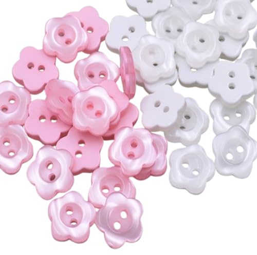 HoAhaMay 120 Stück Blumenförmige Nähknöpfe, doppellochige Kunststoffknöpfe, Durchmesser 12,5 mm, Blumenförmige Knöpfe, Mini-Knöpfe, geeignet für Handarbeiten, Stricken und Dekoration (weiß/rosa)