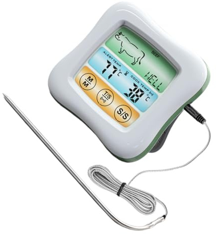FIXOSHEE Termometro Digitale per Alimenti con Touchscreen Colori Timer Integrato Sensore per Barbecue e Forno Misurazione Precisa per Carne e Cucina Domestica Design Bianco e Verde
