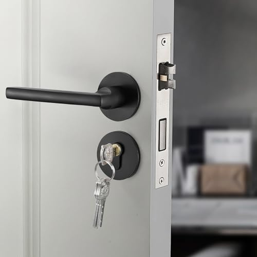 FALSKT Türknauf Zimmertür Türgriff mit Türschloss Edelstahl mit 4 Schlüssel | Türklinke Rundrosette Türgriffe Innentüren Türdrückergarnitur Zimmertürknopf für Türstärke 30 – 50 mm Schwarz