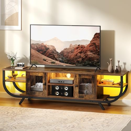 YITAHOME Industrielles TV-Schrank,160cm TV Lowboard für Fernseher bis zu 65 Zoll mit LED-Beleuchtung,Wohnzimmer Fernsehschrank TV Board mit Offenen Stauraum,Vintagebraun