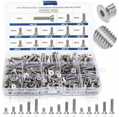 AGJIQ 260pcs Edelstahlschrauben Senkkopfschrauben Schlossschrauben Set M4/M5/M6, 304 Edelstahl Flachschrauben Set Für Elektronikindustrie, Metrische Maschine, 3D-Drucker, Elektronische Produkte