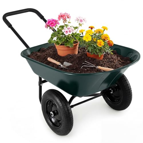 Giantex Dual-Wheel Garden Cart, 330LBS Heavy Duty Wheelbarrow, 2 Wheel Wagon Utility Cart for Outdoor Yard Lawn Gardening Construction Use, Dark Green