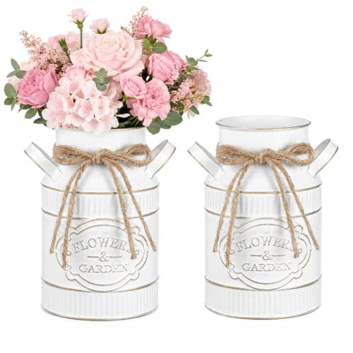 Beavorty Vase de Ferme Métal Galvanisé Blanc Seau Fleurs Séchées Vintage Pot Étanche Décoration Maison Vintage Rétro Chic 9x18x11.5cm Petit Broc Lait Rustique Jardin Pot