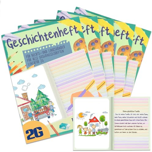 YYSWSAKY Geschichtenheft für Schreiben und Malen, Schreiblernheft mit Farbig Hinterlegte Lineatur 2G und Leere Seiten, Schulheft 2. Klasse, A4, 16 Blatt, 80g/m² Papier, 120g/m² Bezug, Grün (5 Stück)