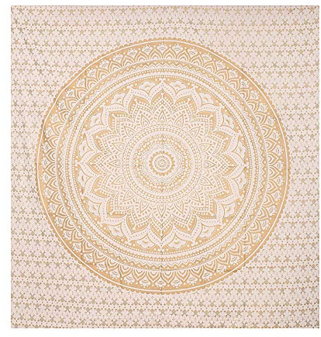 THE ART BOX Indie Wandteppich Baumwolle Mandala Wandbehang Deko Teppich Aesthetic Room Decor Dekoration Wandtuch/Strandtuch Wohnzimmer Indische Tücher Schlafzimmer, Gold und Weiß, 135x210 Cm