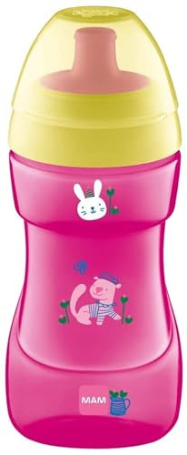MAM Sportbecher, 330 ml, trendiger auslaufsicherer Becher für 12+ Monate, Babybecher-Flasche mit freiem Durchfluss, Kleinkindbecher, Rosa (Designs können variieren)