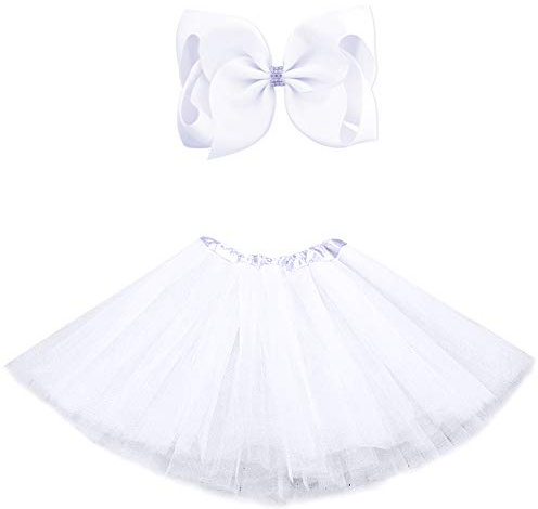 BGFKS 5 Layered Tulle Tutu Skirt for Girls with Hairbow, Ballet Dressing Up Kid Tutu Skirt (White, 2-8 Years Old)