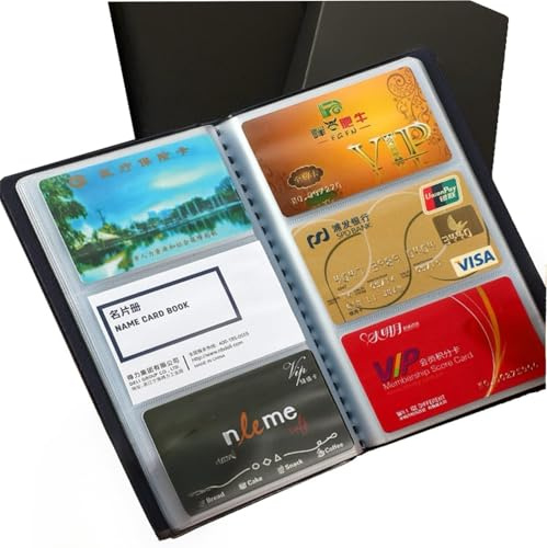 Leather Business Card Booklet Organiser - 300 Capacity Card Holder Wallet, Plastic Insert Storage for Credit Cards, ID & Contacts (Black)
