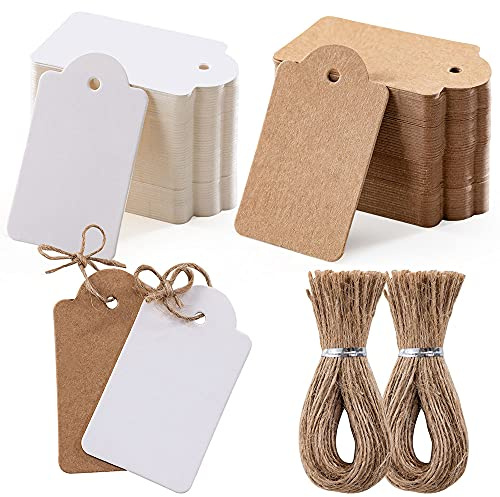 Toocoo 200pcs Premium Gift Tags with String - 100pcs White and 100pcs Brown, Double-Sided Available Price Jewelry Tags for Wedding Christmas Day Thanksgiving