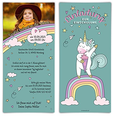 20 x Schuleinführung Einschulung Einladungskarten Text und Foto einfach individuell selbst gestalten DIN Lang für Mädchen - erste Klasse Einhorn