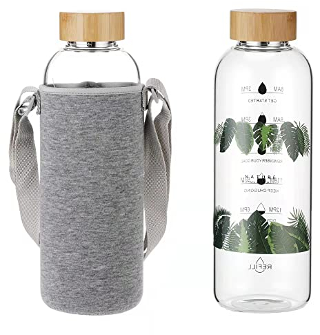 Botella de agua de vidrio de 64 onzas con marcadores de tiempo boca ancha, botella de agua motivacional de 2 litros con tapa de bambú, funda de neopreno, sin Bpa