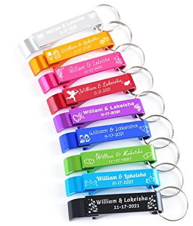 60 Stück personalisierte Hochzeitsgeschenke Flaschenöffner Schlüsselanhänger, gravierter Text Logo, Hochzeitsgeschenke für Gäste, Party-Jubiläums-Artikel