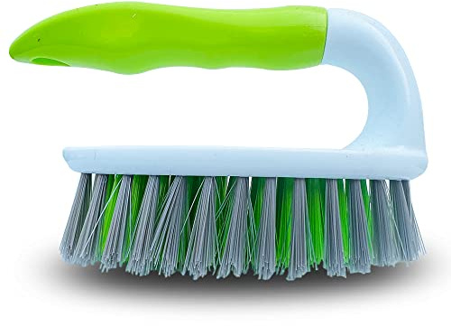 Heavy Duty Hand Scrubber With Stiff Natural Bassine Bristles - Deck Brush for Floor, Decking Home Care & Cleaning - Green-White (1 Pack)