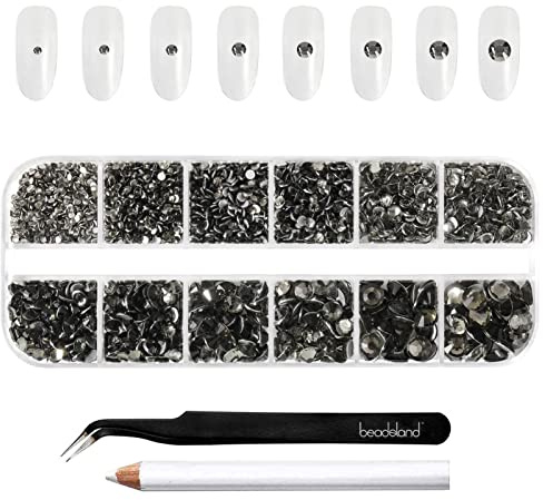 Beadsland 2500pcs Anthrazit Strasssteine, Flatback Gems Runde Kristall Strasssteine ​​zum Basteln Gemischt 8 Größen SS4 ~ SS30 mit Picking Pinzette und Stift (Anthrazit)