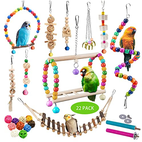 Sysmashing 22 Packs Bird Parakeet Cockatiel Toys,Parrot Swing Chewing Hanging Toy with Safe Bells,Bird cage Colorful Climbing Standing Rope Natural Wood Ladder Bungee Toys