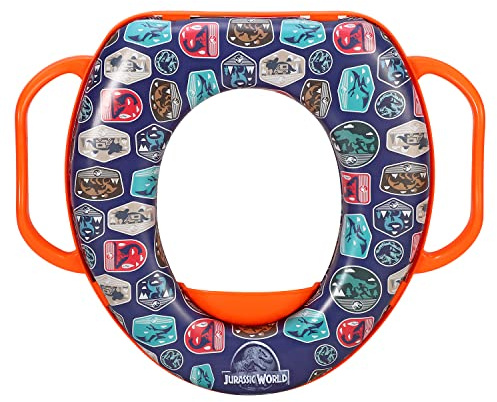 Jurassic World Soft Padded Toddler Potty Training Toilet Seat with Handles | Lightweight, Soft & Comfortable Kids Toilet Seats, Portable for Travel & Easy to Clean | Oval Shaped Secure Fit