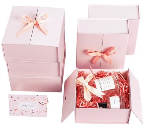 CHARMGIFTBOX Rosa Geschenkbox Geburtstag, 22 x 21 x 6,5cm, 6 Stück Geschenkbox mit Deckel und Premium-Band zum Verpacken von Hochzeiten und Geburtstagsgeschenken, Karton mit Doppeltür-Design