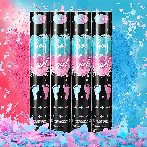 Threebees Paquete de 4 cañones de confeti de revelación de género, papel de confeti biodegradable rosa y azul, lanzadores de 16 a 26 pies, lanzador de confeti para revelación de género de niño o niña