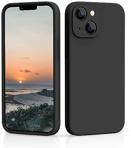 CALOOP Slim-Fit for iPhone 13 Case,Skin Soft Liquid Silicone,Sturdy Shockproof Hard Frame Cover with Anti-Scratch Microfiber Lining,Full Protection for Screen and Camera Lens, 6.1 inch(Black)