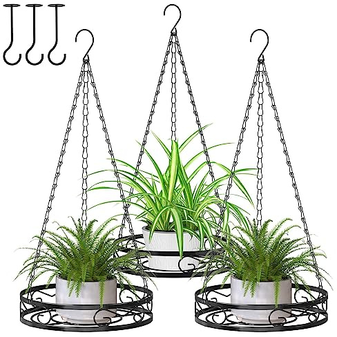 Bomclap Lot de 3 pots de fleurs suspendus en métal avec crochets de plafond et chaîne de suspension, Noir