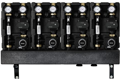 ENVIRON- 4er Modulverteilergruppe 4 Pumpengruppen auf Verteilerbalken [gemischt/ungemischt wählbar] | 3 Wege Mischer Stellmotor DN25 Umwälzpumpe Heizung (3x gemischt 1x ungemischt | Pumpe 180mm)