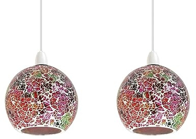 2 Pack Vintage Mosaic Glass Pendant Light Shades – Multicolor Flat Tempered Glass Ceiling Hanging Lamp Fixtures for Home, Bedroom, Cafe, Restaurant & Decor Lighting