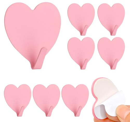 DueHoppee Heart Wall Hooks, 8 Pack, Small Pink Decorative Accessories, Purse Hanger for Girls Room, Stainless Steel, Sturdy Adhesive for Hanging Keys, Bags, Towels, Clothes