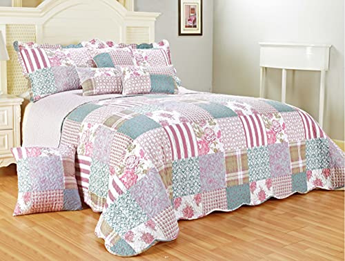 BSL Quilted Patchwork Bedspread Bedding Set 3 Piece Printed Coverlet Includes Bed Throw and 2 Pillow Shams Floral and Check Embroidered Machine Washable (Blossom, Super King)
