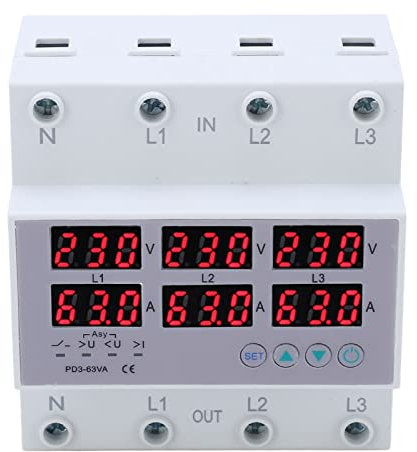 Stromzähler 3 Phasen, AC390-500V Amperemeter und Voltmeter Digital Wechselstromzähler Einstellbar Multimeter DIN-Schiene Hutschiene Automatischer Überspannung Überstromschutz