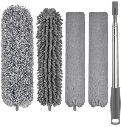 FUUNSOO Staubwedel Mit Teleskopstange 75–250 cm, Biegbar Und Waschbar, Grau | Vielseitiges Staubwedel-Set｜Biegsame Mikrofaser- und Chenilleköpfe｜Zieht Staub an｜Schützt Möbel vor Kratzern