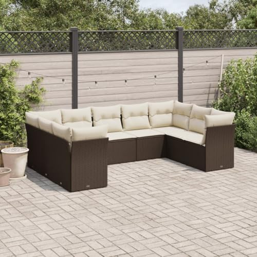 Rantry 9-TLG. Gartenmöbel Set mit Kissen Gartensofa Balkonmöbel Gartenlounge Rattansofa Loungesofa Modular Ecksofa Ecklounge Sofagarnitur Sitzgruppe Loungemöbel Braun Poly Rattan