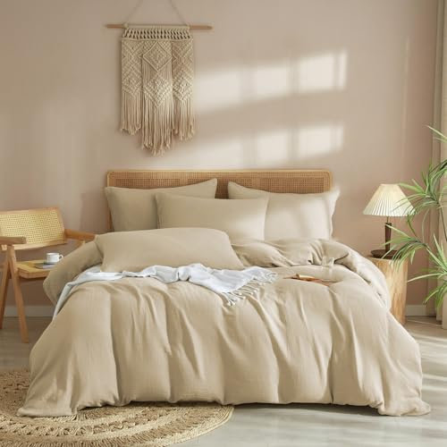 Luofanfei Baumwolle Muslin Bettwäsche 135x200 Taupe Renforce Uni Sommer Kühlende Bettwäsche Set Weiche Bettbezug Knitterlook Bügelfrei mit Reißverschluss und Kissenbezug 80x80cm