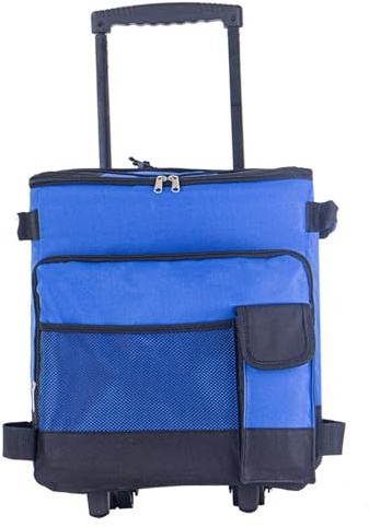 Rollkühler, 43L große Kühlbox, isolierte Kühltasche blau, auslaufsicherer Kühlwagen für draußen, geräuscharmer Rollkühler, zusammenklappbarer Rollkühler, Kühlbox mit Rollen und Zug