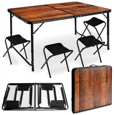QLS Table pliante avec 4 chaises - 120 x 60 cm - Poignée de transport - Hauteur réglable - Table de camping