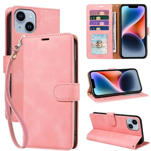 GOTOURED for iPhone 14 Phone Case Wallet, RFID Blocking Card Holder, Pink | 4 Card Slots, Wrist Strap, Soft PU Leather Flip Cover, Kickstand, Cash Pocket, Magnetic Closure, TPU Shell Protective