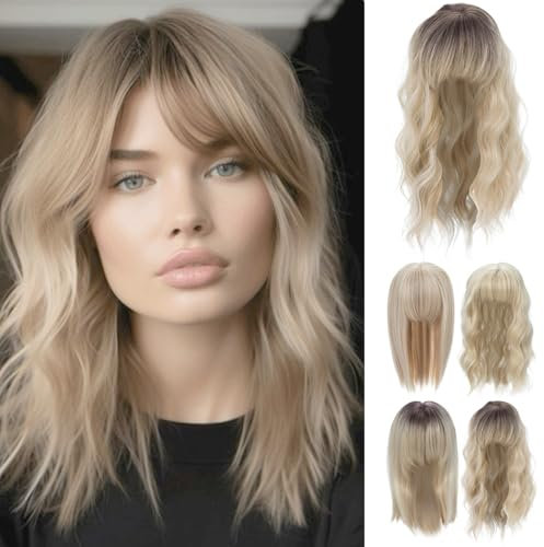 Yamel Hair Topper for Women Natural Synthetic Hairpieces 14 Inch Balayage Blonde Wave Hair Topper with Bangs Wave Wiglets Hairpieces for Thinning Hair