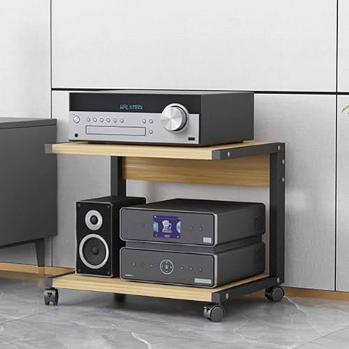 Mobile hifi per altoparlanti Supporto multimediale audio-video piccolo a 2 livelli con ruote, mobile stereo Casa/Ufficio Supporto per giradischi ad angolo Rack e supporti stereo Mobiletto(Pomelo Wood,