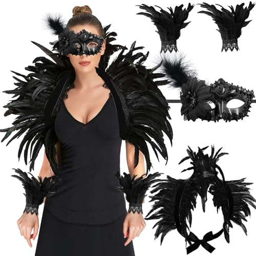 Huahuanghui Federn Schwarz Gothic, Maleficent Kostüm Damen, Federkragen Schwarz Set, mit Feder Handschuhe Schwarz, Schwarzer Federumhang, zum Halloween Karneval Masquerade Cosplay