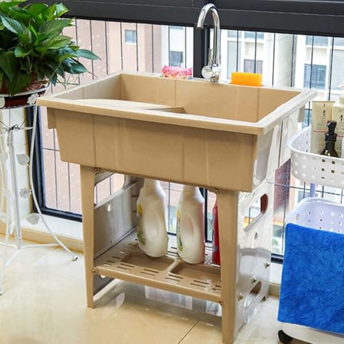 Portatile Set di Lavello, Lavandino per Biancheria Indipendente in Plastica con Rubinetto e Asse per Lavare, Stazione Lavamani per Cucina, Lavanderia, Garage, Giardino