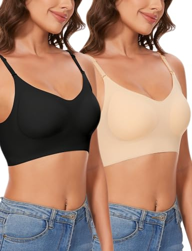 Kiiwah 2 Piezas Sujetador Sin Espalda Baja Mujer, Invisible Sujetador Básico con Tirantes Convertible para Vestido y Boda (Negro, Nude)