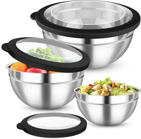 Onader Mixing Bowl Set of 3, Stainless Steel Salad Bowls with Lids, Metal Nesting Set for Kitchen Mixing, Serving, Baking & Food Storage, 18/22/26cm, Heavy Duty & Dishwasher Safe - Black