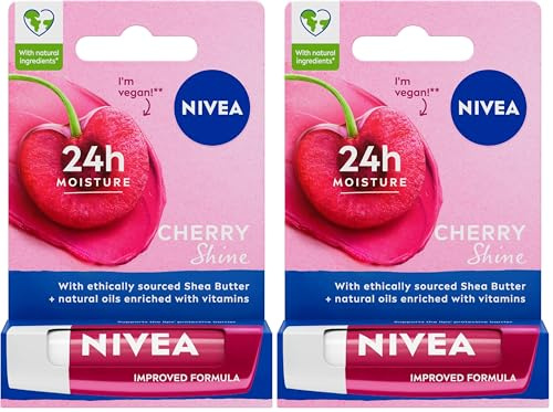 NIVEA Cherry Shine Lip Balm (4.8g), Flavoured Lip Balm with Shea Butter, Natural Oils and Vitamins, Provides 24h Moisture and a Soft Red Shine, Vegan Lip Care Formula (Pack of 2)