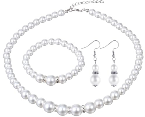 Lnngub 3 Stück Kunstperlen Schmuckset, Nachahmung Perlen Halskette Armband Ohrringe Set Damen Schmuck Geschenk Set für Geburtstage, Jubiläen, Valentinstag, Muttertag, Verlobung, Hochzeit (Weiß)
