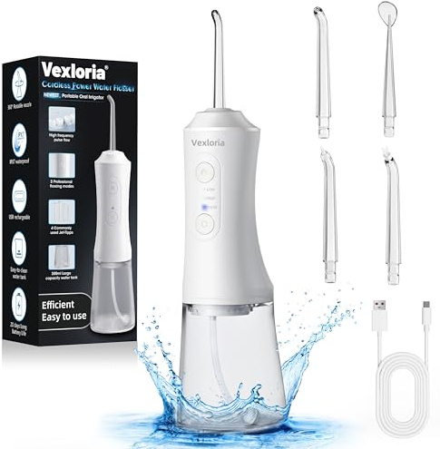 Vexloria Idropulsore Dentale Portatile, 300ML Irrigatore Orale Senza Fili, Water Flosser 3 Modalità E 4 Ugelli, IPX7, Bianco