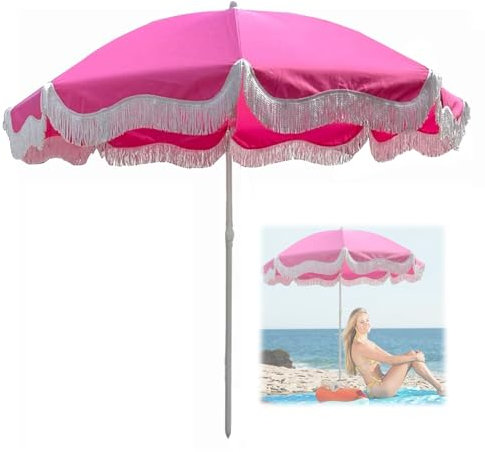 Parasol d'extérieur de 200 cm avec Inclinaison et sac de Transport, Rose Parasol de Plage avec Franges, Parasol de Jardin Portable pour Arrière-cour,Piscine, UPF 50+